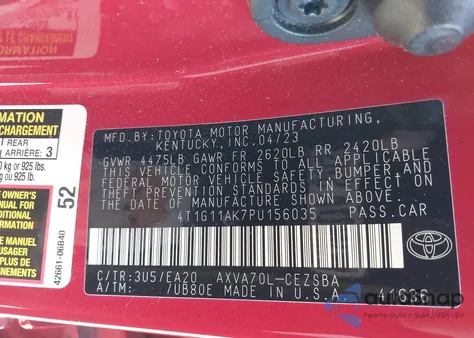 2023 Toyota Camry Se из США, поврежденный, VIN 4T1G11AK7PU156035